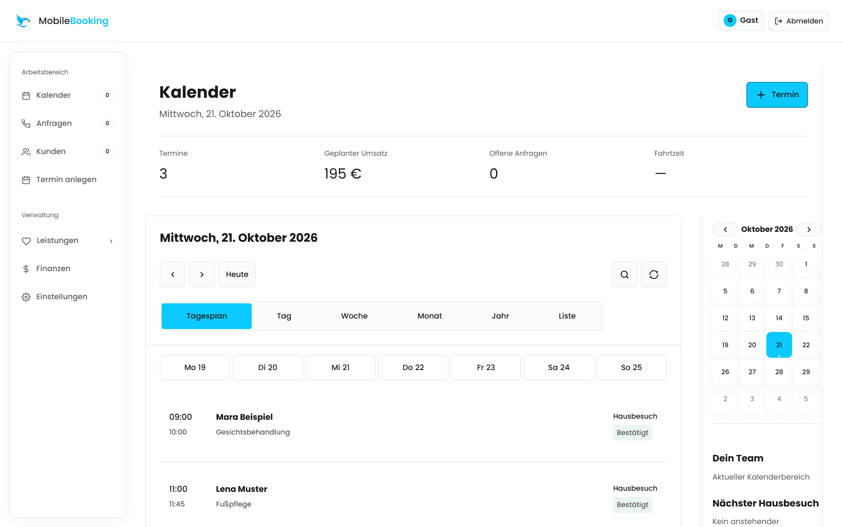 MobileBooking Glass Air — Tagesplan mit Terminen, Umsatz und Kalendernavigation