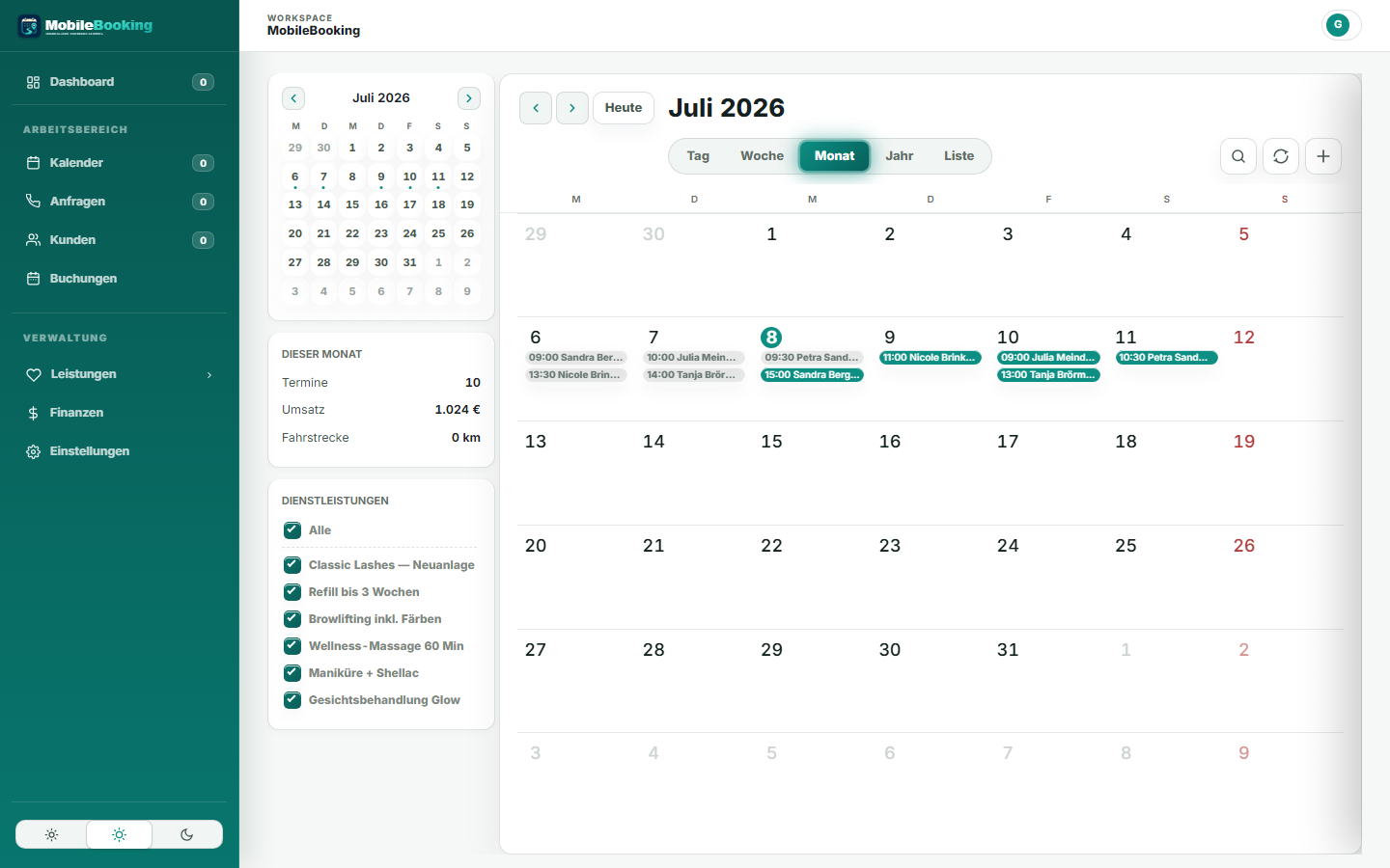 MobileBooking Kalender — Monatsansicht mit Terminen, Umsatz und Routen-Statistik